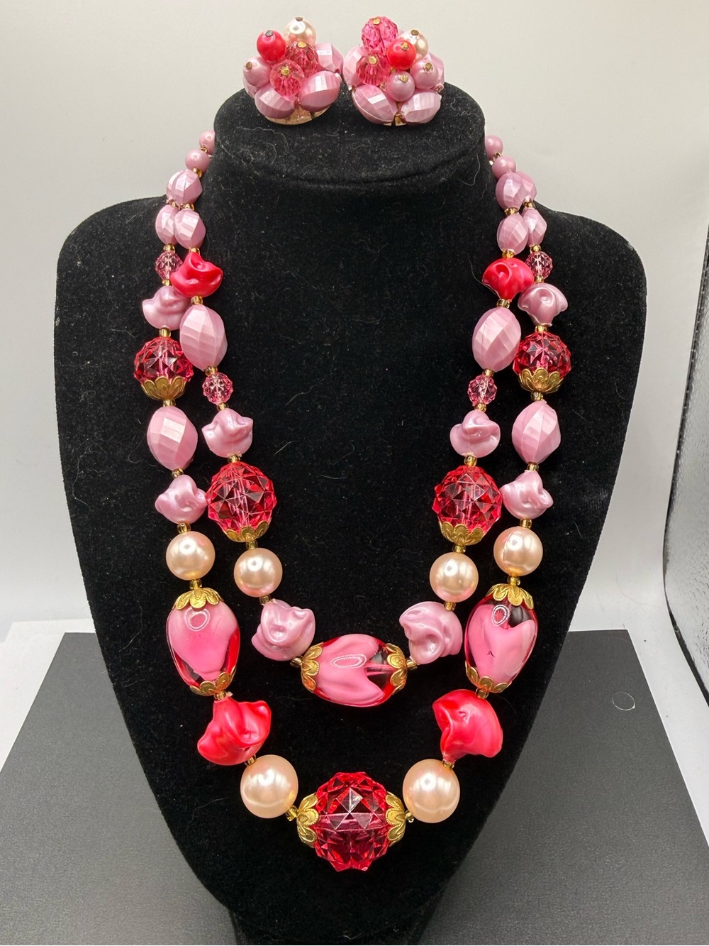 Vintage Western Germany Pink Red Beaded Necklace & Clip Earrings Set